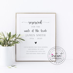 Editable Reserved for the Uncle of the Bride Printable. Uncle In Heaven. Reserved In Memory Template. Reserved Memory Sign Chair at Wedding.