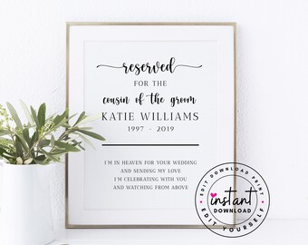 Cousin of the Groom. Reserved in Memory Sign. Seat Reserved Sign Memorial. Memorial Wedding Sign. Wedding Reserved Sign. Wedding Chair Sign.