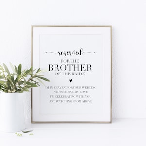 Printable Memorial Chair Sign. Reserved For The Brother Of The Bride. Brother Of The Bride Memorial Sign For Wedding. Reserved Chair Sign.