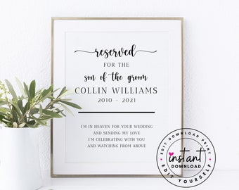 Son of the Groom Memorial Sign for Wedding. Personalized Wedding Memorial Sign. Chair Reserved Signs. Memorial Chair Wedding.