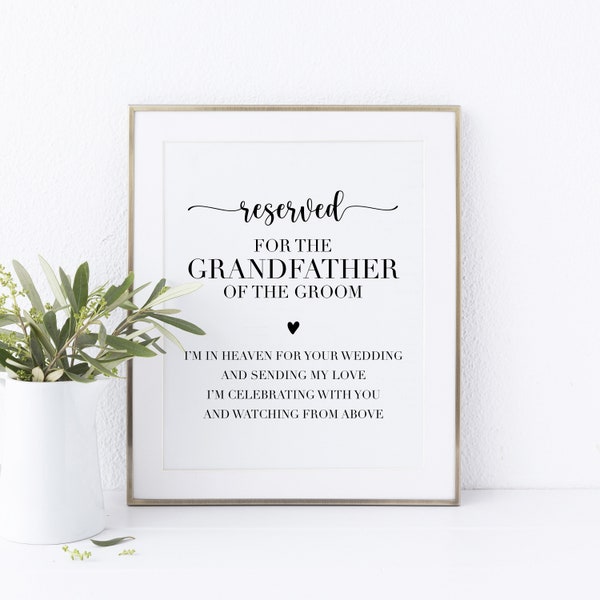 Printable Memorial Chair Sign. Reserved For The Grandfather Of The Groom. Grandfather Of The Groom Memorial Sign For Wedding.