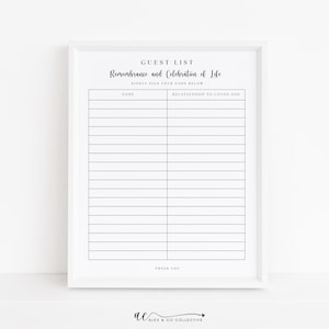May include: A framed guest list titled "Guest List: Remembrance and Celebration of Life." The white paper has lines for names and relationships, with the text "Kindly sign your name below." The bottom reads "Thank You" and the Alex & Co Collective logo.