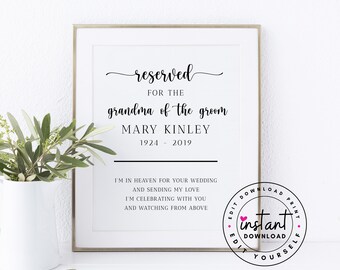 Grandma of the Groom Memorial Sign for Wedding. Reserved in Memory of the Groom's Grandma Personalized Printable. Chair Reserved Signs.