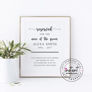Niece of the Groom Memorial Sign for Wedding. Personalized Wedding Memorial Sign. Chair Reserved Signs. Memorial Chair Wedding.