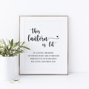 Op de afbeelding: Een zwart-witte printbare poster met de tekst "this lantern is lit" en de woorden "In liefdevolle herinnering aan degenen die voor altijd aanwezig zijn in onze harten. We houden van je en missen je."