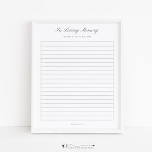 May include: A framed white sign with the text "In Loving Memory" and "Kindly Sign Below" in elegant script. The sign features lined spaces for signatures and the words "Thank You" at the bottom. The sign is from Alex & Co Collective.