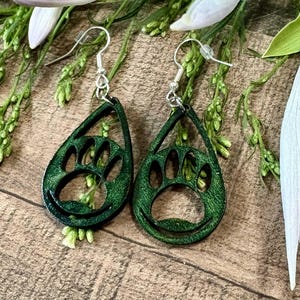 Green Paw Print Wooden Laser Cut Dangle Earrings