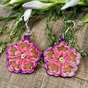 Flower Wooden Laser Cut Dangle Earrings, Pink and Purple