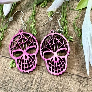 Pink Skull Wooden Dangle Laser Cut Earrings