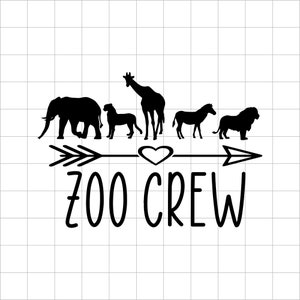 May include: Black silhouette of an elephant, giraffe, cheetah, zebra, and lion with an arrow and heart in the middle and the text "ZOO CREW" below.