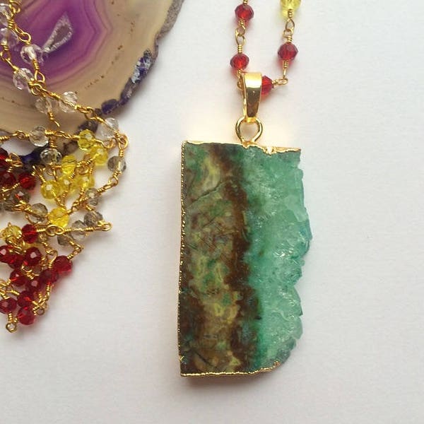 Beautiful large agate slice necklace,blue green agate pendant, boho necklace,chunky crystal necklace,wirewrapped gemstone necklace,crystals