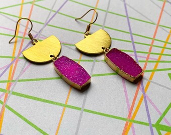 Pink druzy crystal earrings, pink and gold dangles,geometric earrings,sparkly pink study crystal earrings,gold brushed earrings,boho drops