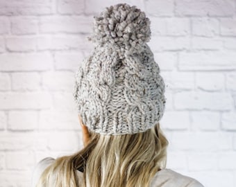 Womens Chunky Knit Cabled Pom Pom Beanie, Cable Knit Winter Hat for Women