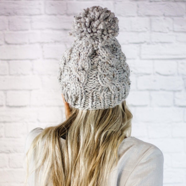 Womens Chunky Knit Cabled Pom Pom Beanie, Cable Knit Winter Hat for Women