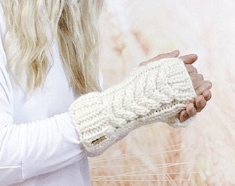 Cream Hand Knit Wrist Warmers for Women, Women's Knitted Fingerless Texting Gloves