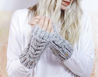 Women's Knitted Fingerless Mittens, Hand Knit Cabled Wrist Warmers in Grey Marble