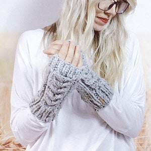 Women's Knitted Fingerless Mittens, Hand Knit Cabled Wrist Warmers in Grey Marble