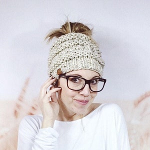 Knitted Messy Bun Beanie Hat for Women, Hipster Ponytail Beanie in Oatmeal image 1