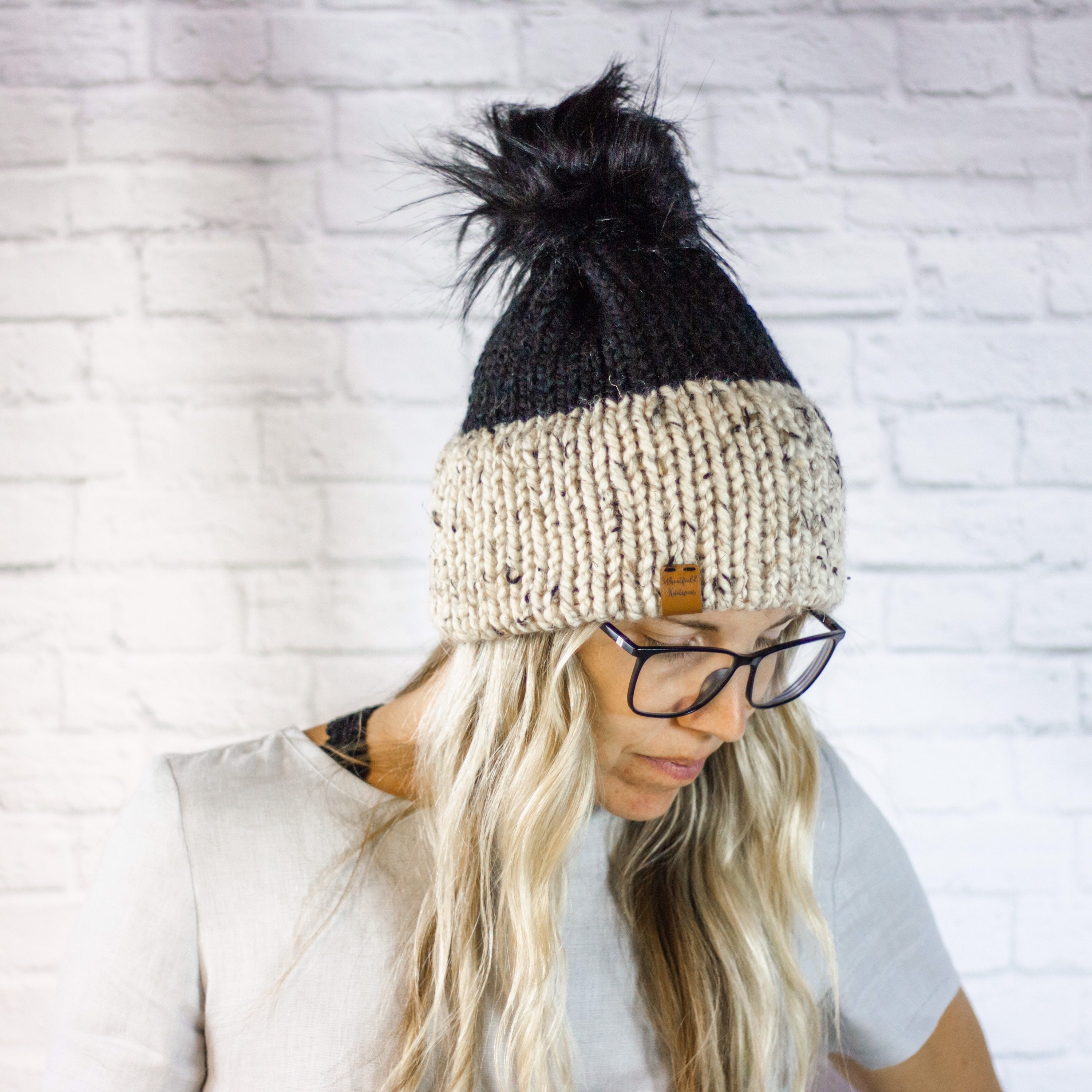 Handmade Chunky Knit Beanie with Faux Fur Pom | Mustard, Cream & Charcoal | NWT Cable Knit Faux Fur Pom Beanie — Three Bird Nest main image 3