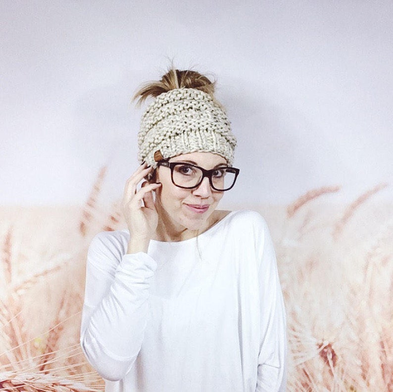 Knitted Messy Bun Beanie Hat for Women, Hipster Ponytail Beanie in Oatmeal image 1