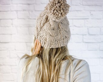 Chunky Knit Cable Pom Pom Hat for Women, Cable Knit Winter Beanie Hat