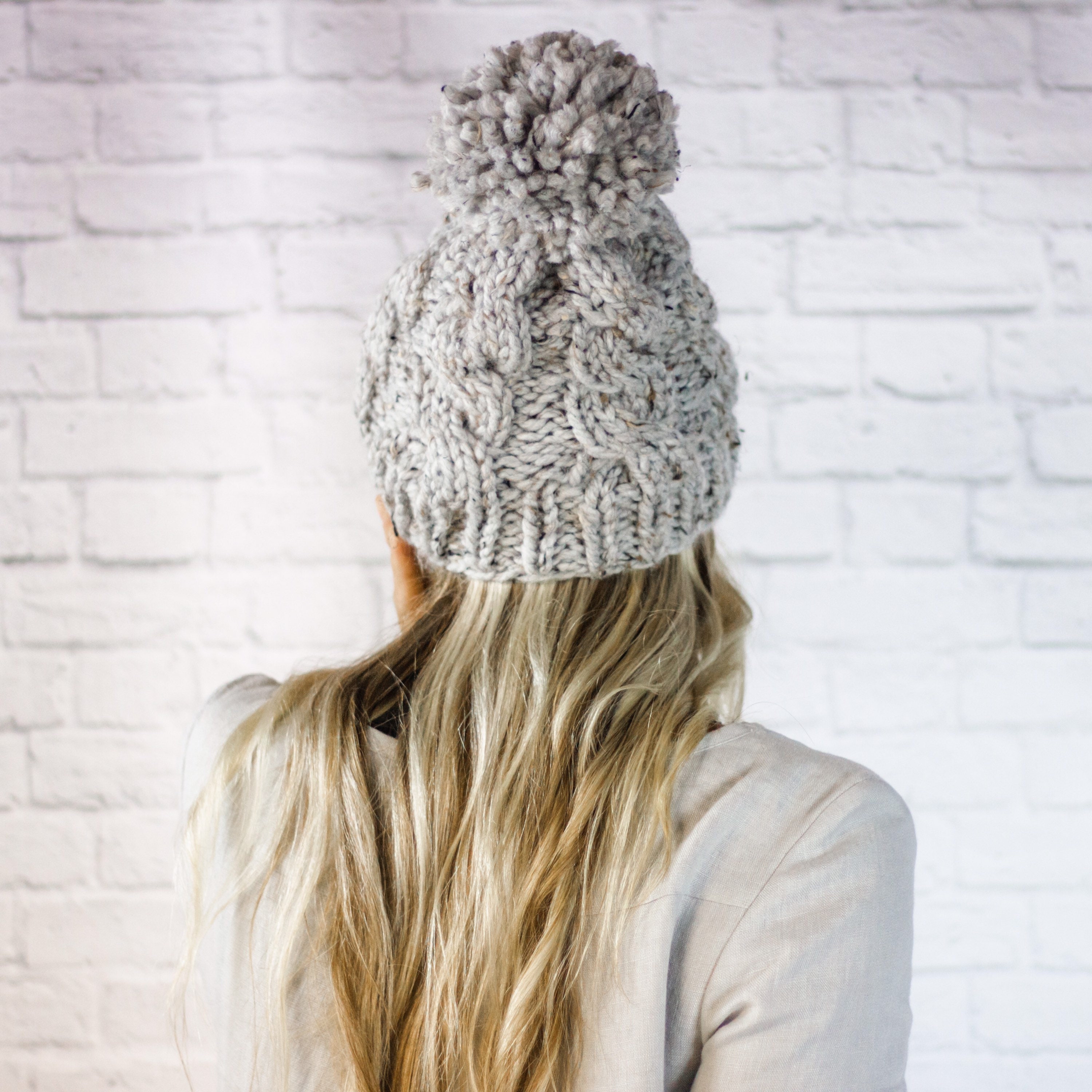 Women’s Mixed Dark Grey Winter Ribbed Beanie Hat Chunky Cable Knit Pompom Warm Womens Winter Ribbed Beanie Crossed Cap Chunky Cable Knit  main image 3