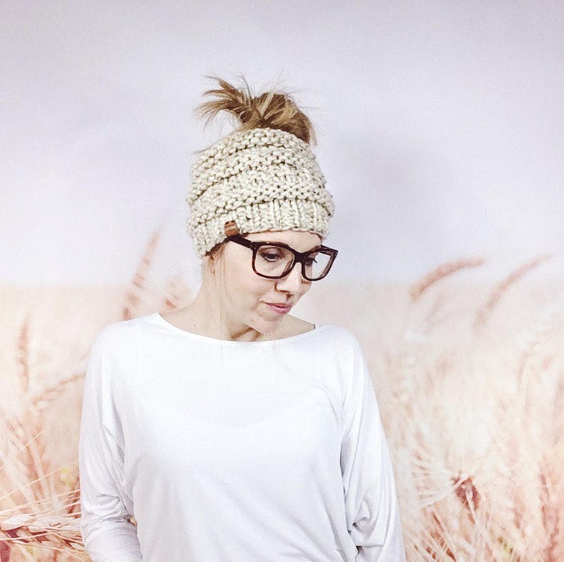 Knitted Messy Bun Beanie Hat for Women, Hipster Ponytail Beanie in Oatmeal image 4