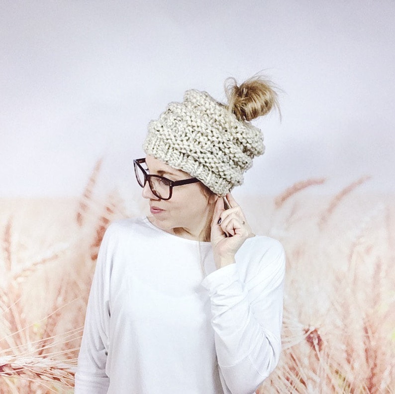 Knitted Messy Bun Beanie Hat for Women, Hipster Ponytail Beanie in Oatmeal image 3