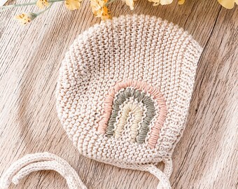 Knitted Bonnet for Baby Girl with Hand Embroidered Modern Rainbow, Newborn Photo Prop, Baby Hat for Pride