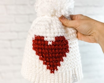 Crochet Heart Beanie Hat with Pom Pom, Valentine's Day Gift for Her, Galentine's Day Gift