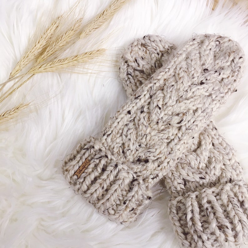 Knitted Winter Mittens for Women, Chunky Cable Knit Mittens in Oatmeal image 6