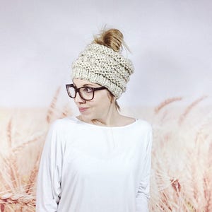 Knitted Messy Bun Beanie Hat for Women, Hipster Ponytail Beanie in Oatmeal image 2