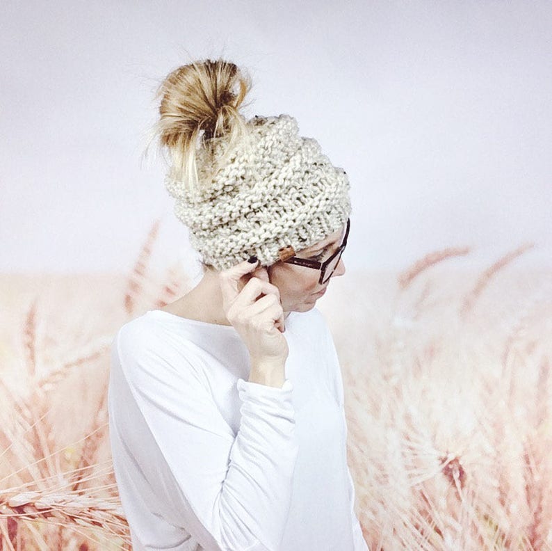 Knitted Messy Bun Beanie Hat for Women, Hipster Ponytail Beanie in Oatmeal image 5