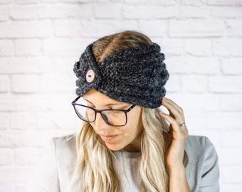 Chunky Cable Knit Button Headband, Womens Ear Warmer Headband with Button