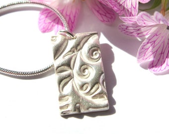 Silver nature pendant, botanical pendant, floral print pendant, leaves and flowers pendant, botanical texture pendant, organic silver