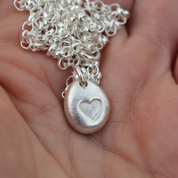 Heart pebble pendant, hand stamped heart necklace, little heart pendant, tiny heart necklace, fine silver pendant, fine silver pebble