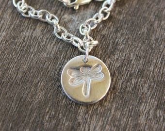 Silver dragonfly charm bracelet, dragonfly jewellery, hand stamped dragonfly charm, sterling silver dragonfly, nature inspired bracelet