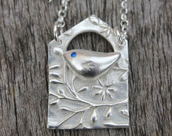 Silver bird house necklace, solid silver bird necklace, bird lover jewellery, bird lover gift, silver robin, gemstone bird