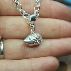 May include: A silver chain necklace with a silver hedgehog charm. The hedgehog has a blue eye.