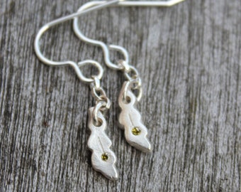 Oak leaf drop earrings handcrafted in fine silver with gemstones
