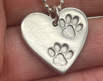 Double paw print heart pendant, two paw print necklace, pet remembrance, cat keepsake, dog keepsake, heart paw pendant