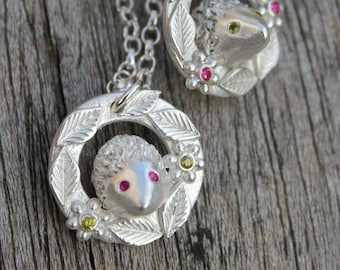 Personalised silver hedgehog necklace, hedgehog christmas gift, garden wildlife, hedgerow pendant, christmas wreath pendant