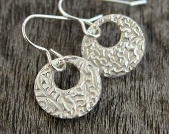 Textured silver disc earrings, silver moon earrings, hammered silver circle earrings, hammered drop earrings, contemporary hoop earrings