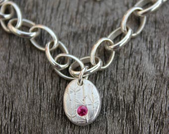 Handmade silver and Ruby July birthstone charm bracelet, chunky sterling bracelet