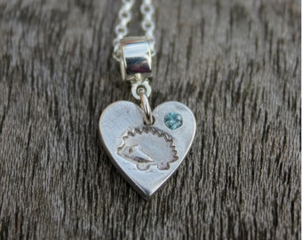 Birthstone hedgehog necklace, real gemstone hedgehog pendant, tiny silver hedgehog, birthday gift idea, hedgehog gift, birthstone gifts