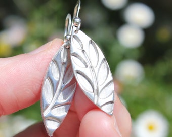 Silver leaves earrings, long silver leaf earrings, recycled silver earrings, contemporary earrings, statement earrings, leaf design earrings