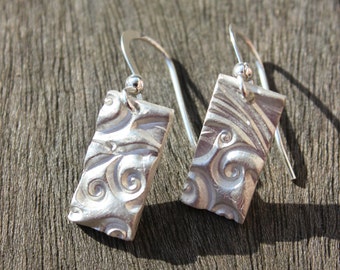 Silver botanical rectangle drop earrings, nature earrings, reticulated silver earrings, silver rippled earrings, organic silver earrings