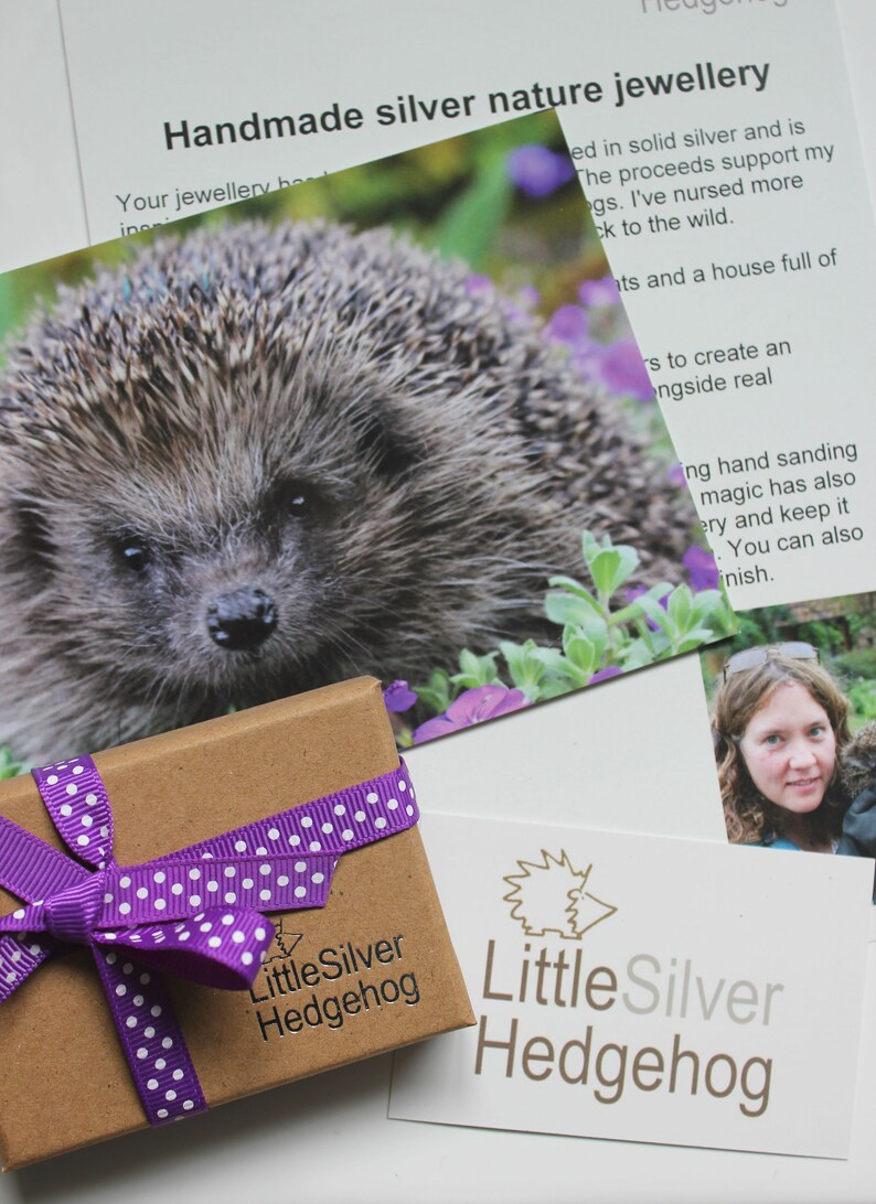 Hedgehog dangle earrings handmade in silver with an embossed hedgehog. Inspired by nature and wildlife. Perfect for a hedgehog lover. image 4