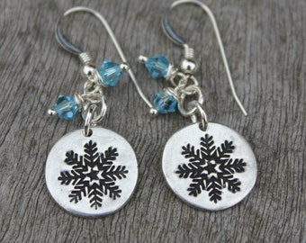 Silver snowflake earrings, dangly christmas earrings, festive silver earrings, winter earrings, ice crystal earrings, snow flake charm