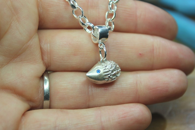 Solid silver hedgehog charm, hedgehog mom charm, christening charm, unique silver charm, custom silver charm, animal charm, animal charity Blue Spinel